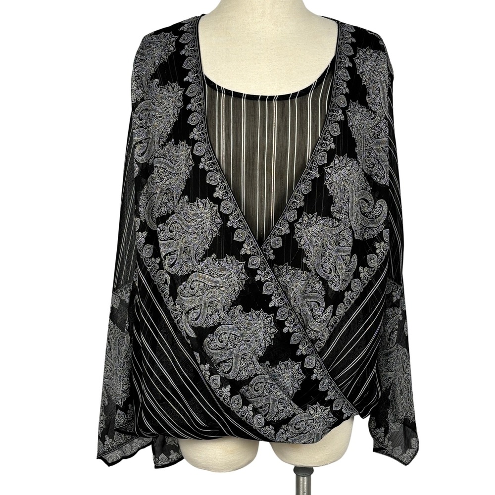 Chico's Sheer Paisley Wrap Blouse Womens 2 L Black Gold Stripe‎ Bell Sleeve